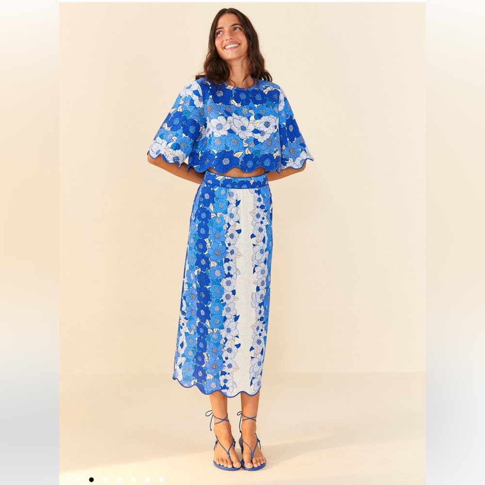 Farm Rio Blue Flower Stripes Midi Skirt and Crop Top